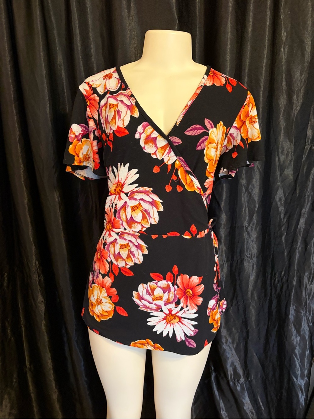 Floral Wrap Blouse - Black with Orange & Pink Flowers